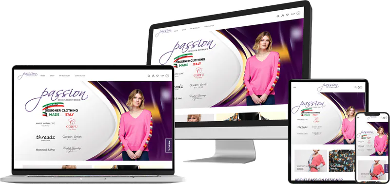 Passion Designer Boutique website shown on desktop, laptop, tablet and phone